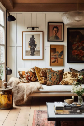 Cream sofa with embroidered cushions and a sheepskin throw beneath a wall of framed pictures