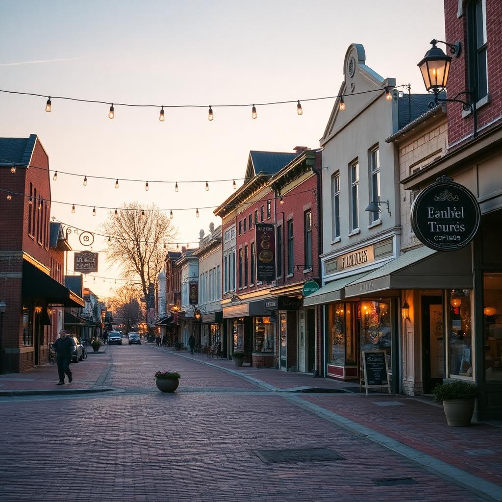 A historic small town main street at golden hour