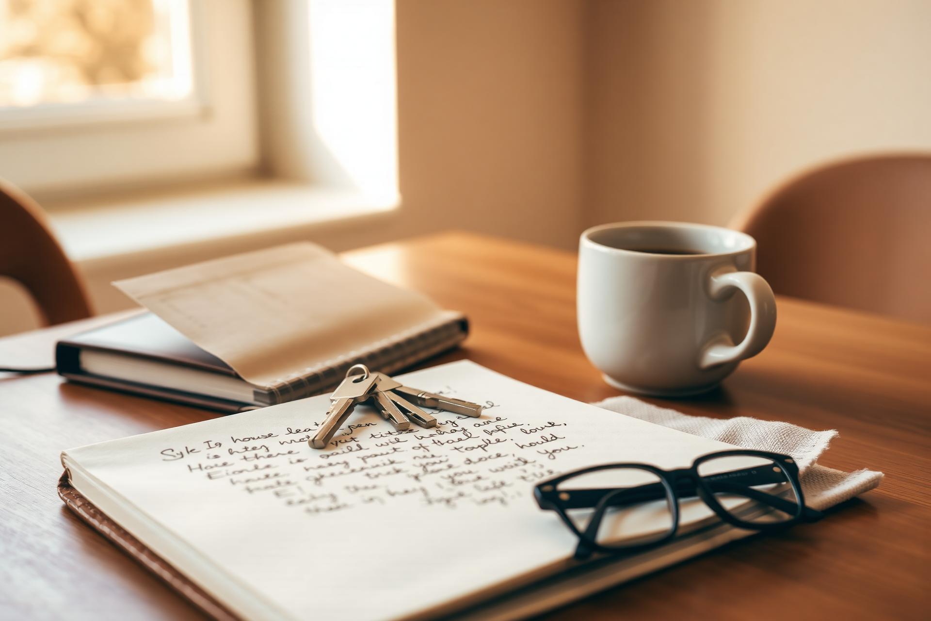 A kitchen table with a notebook, calculator, and coffee while planning the cash needed to buy a home
