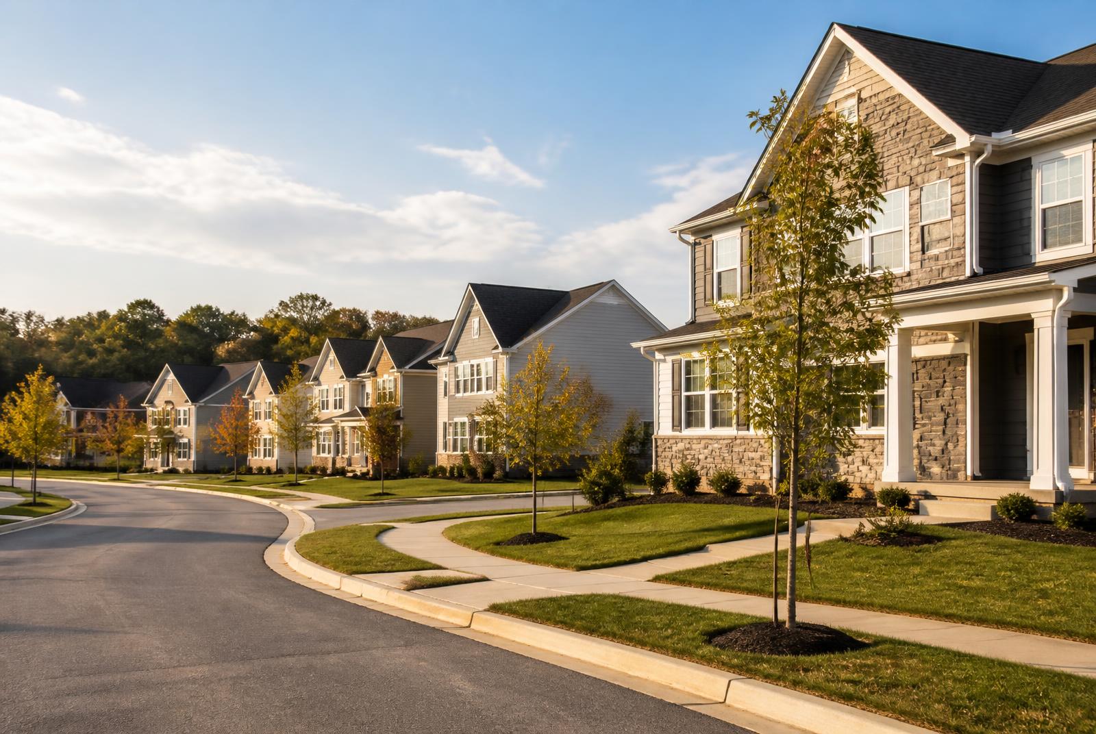 New suburban Pennsylvania street lined with recently built two-story homes and young trees