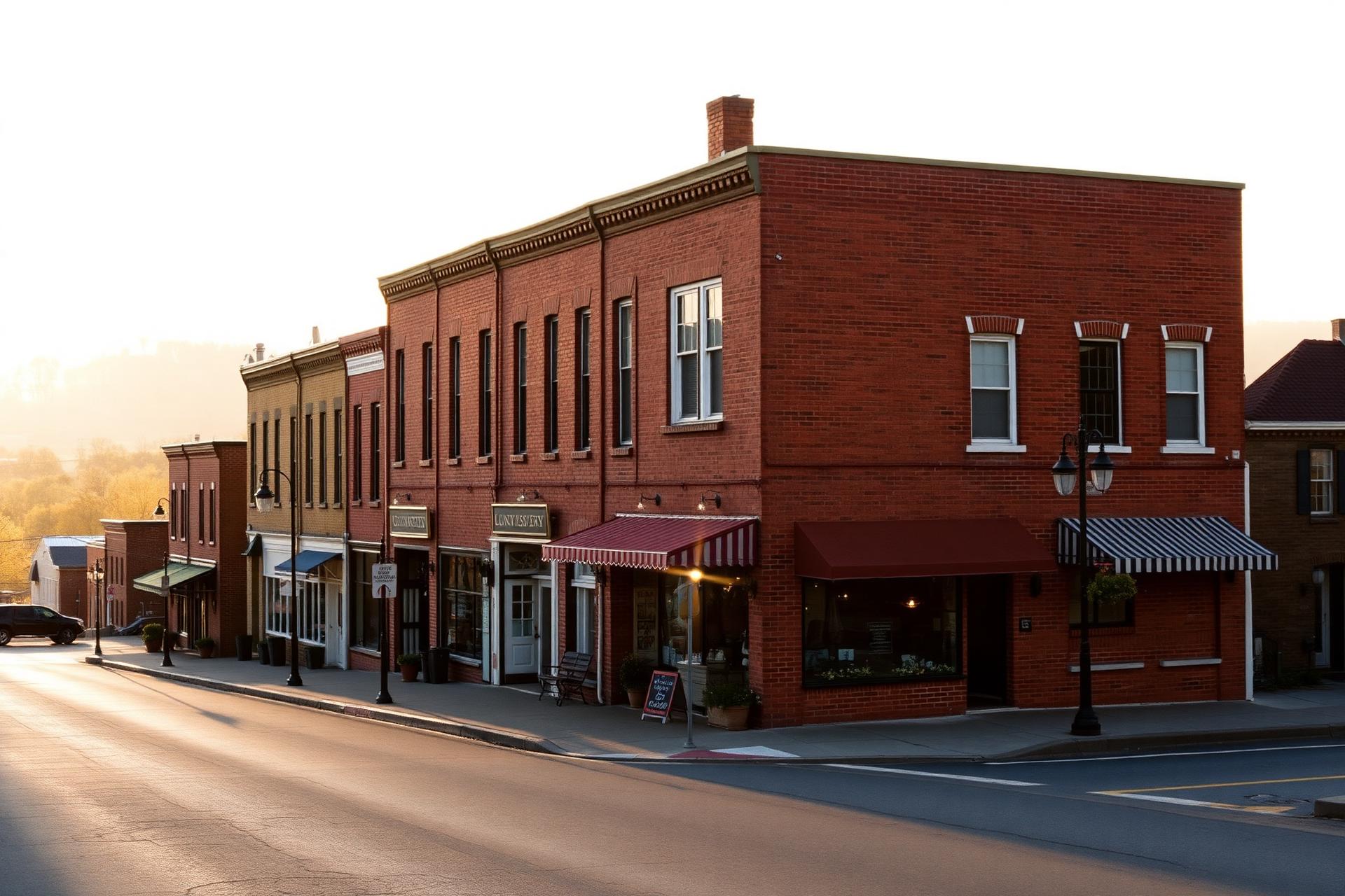 A historic downtown street at golden hour