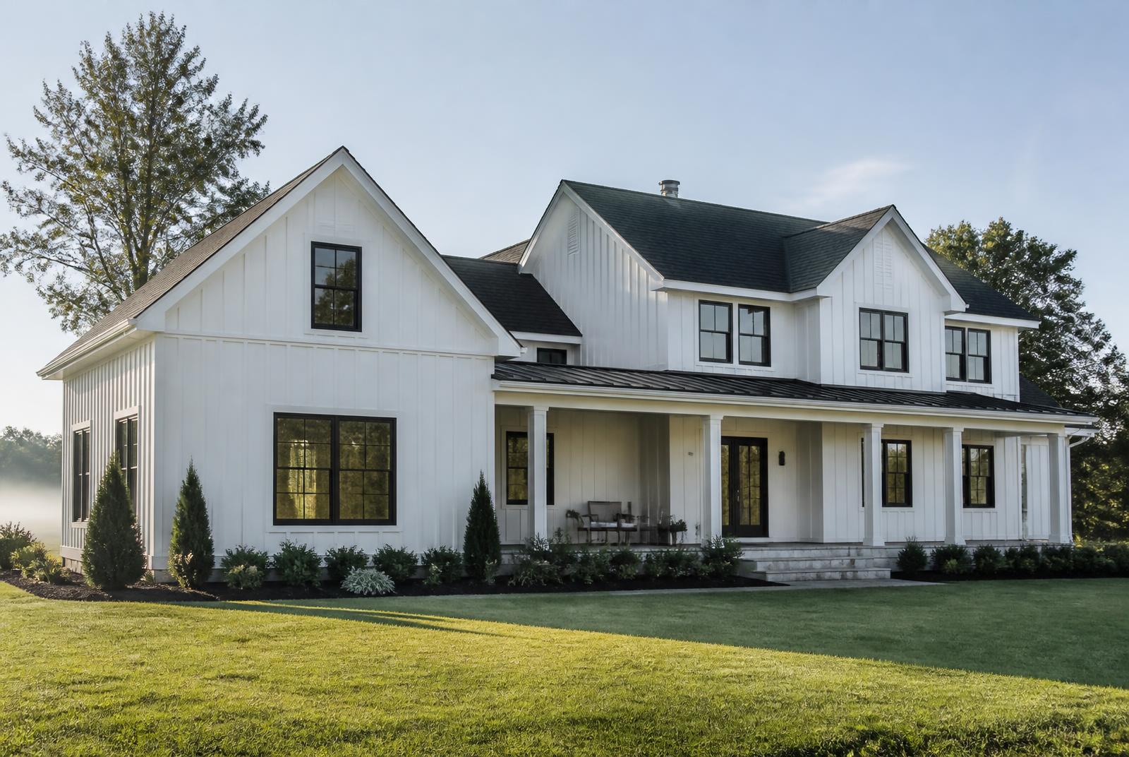 Newly constructed two-story home with a full front porch and fresh landscaping