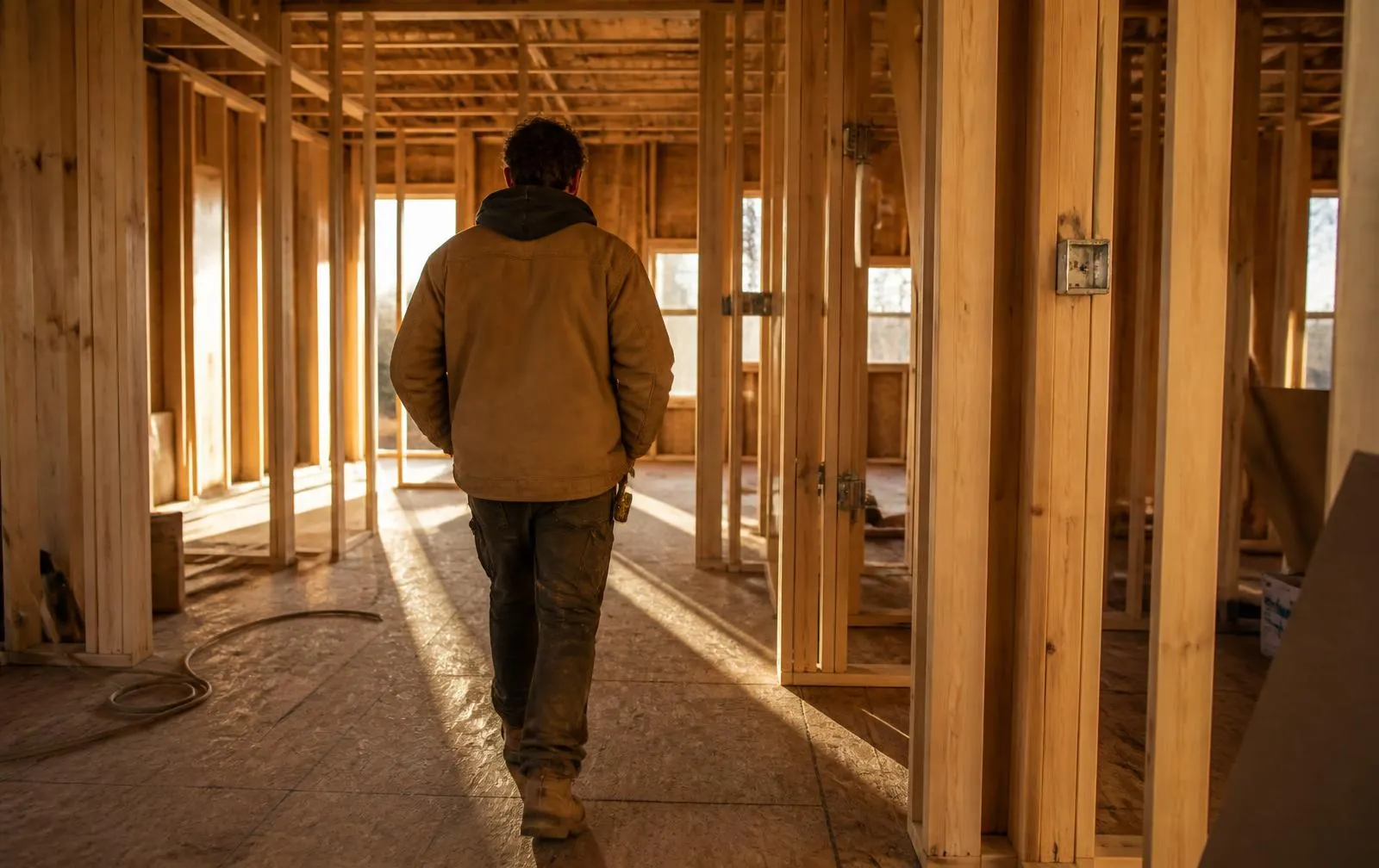 A builder and a lender reviewing plans on a plywood table inside a framed house