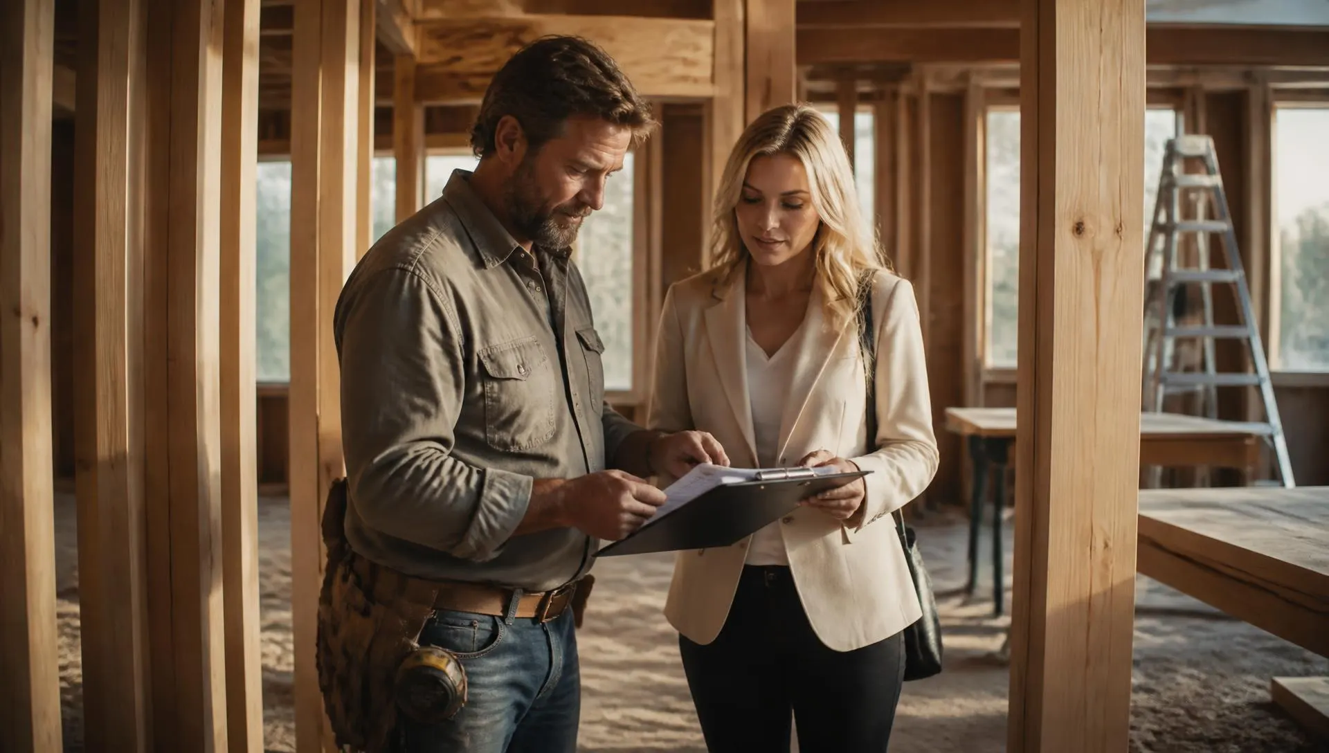 A builder and a mortgage professional reviewing plans inside a partially framed new home