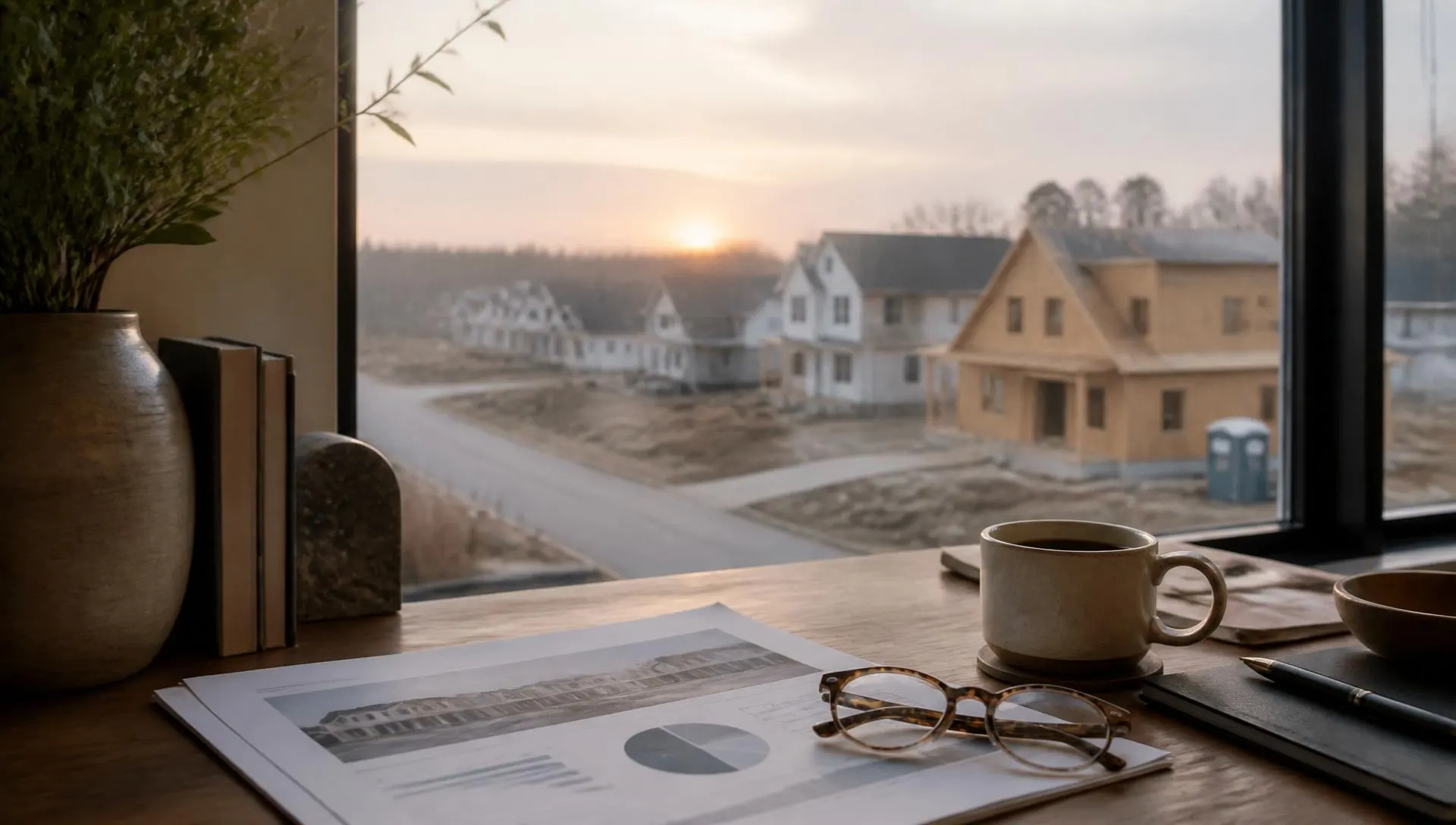 A desk with a printed market report and a window view of a neighborhood under construction at dawn