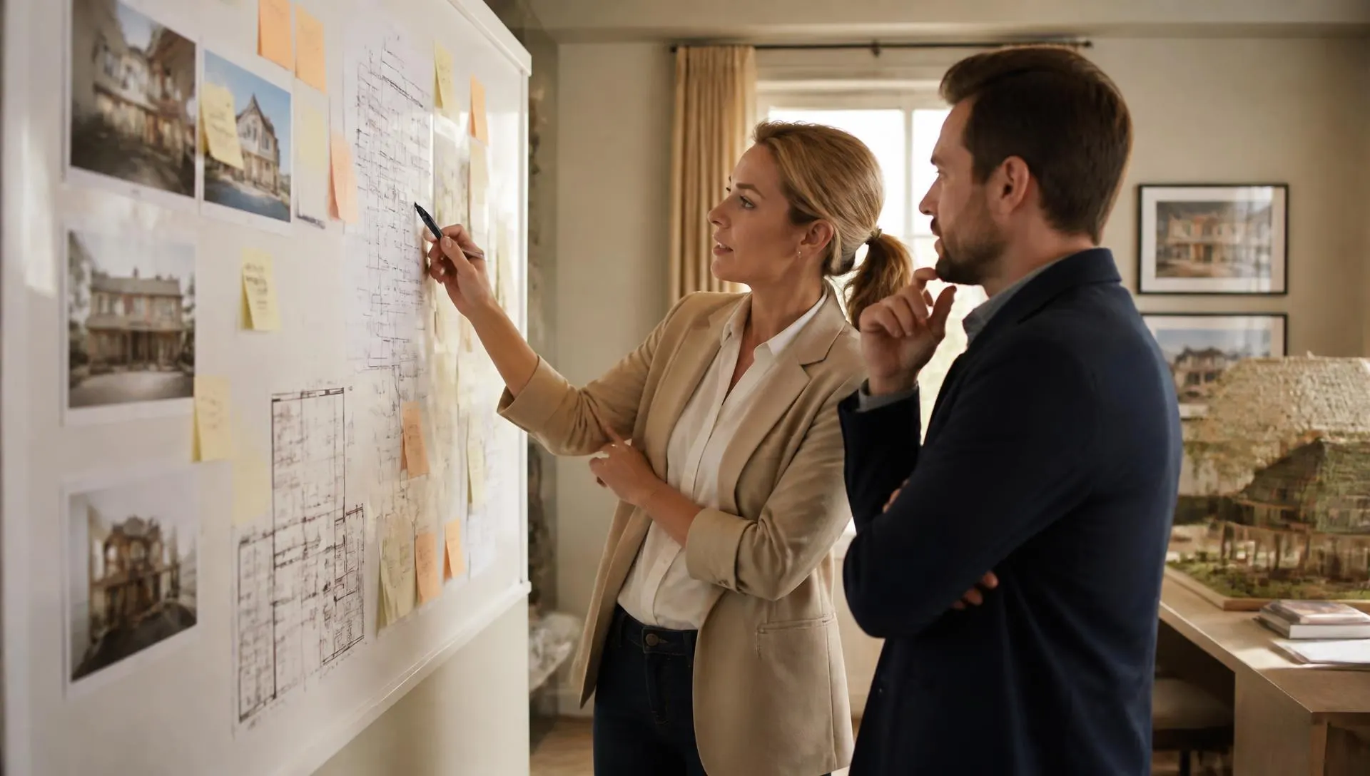 Two professionals mapping out a strategy on a whiteboard in a model home sales office