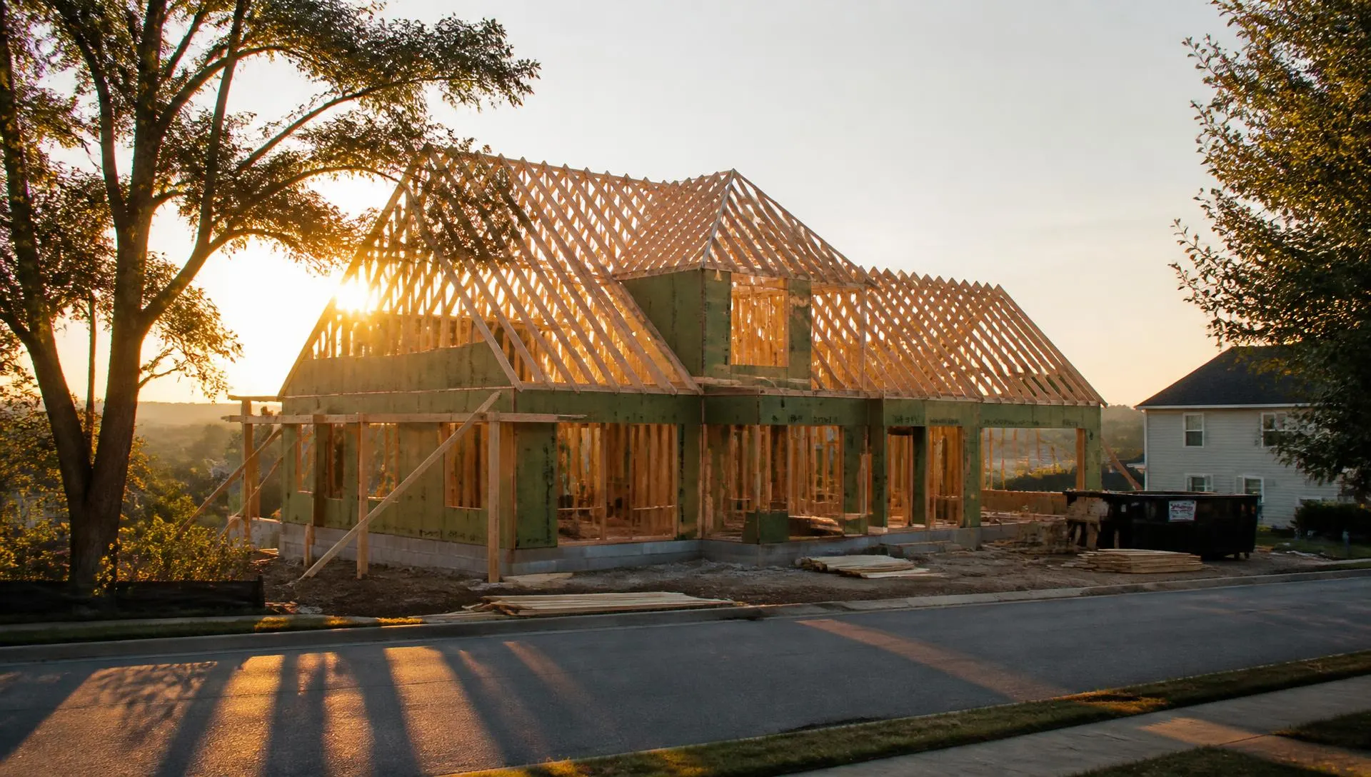A new home under construction at golden hour with roof trusses set