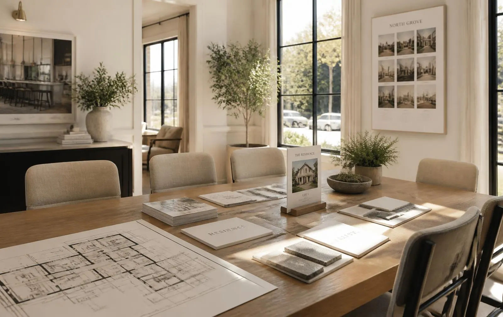 A model home sales desk with floor plan binders, brochures, and a notebook in morning light