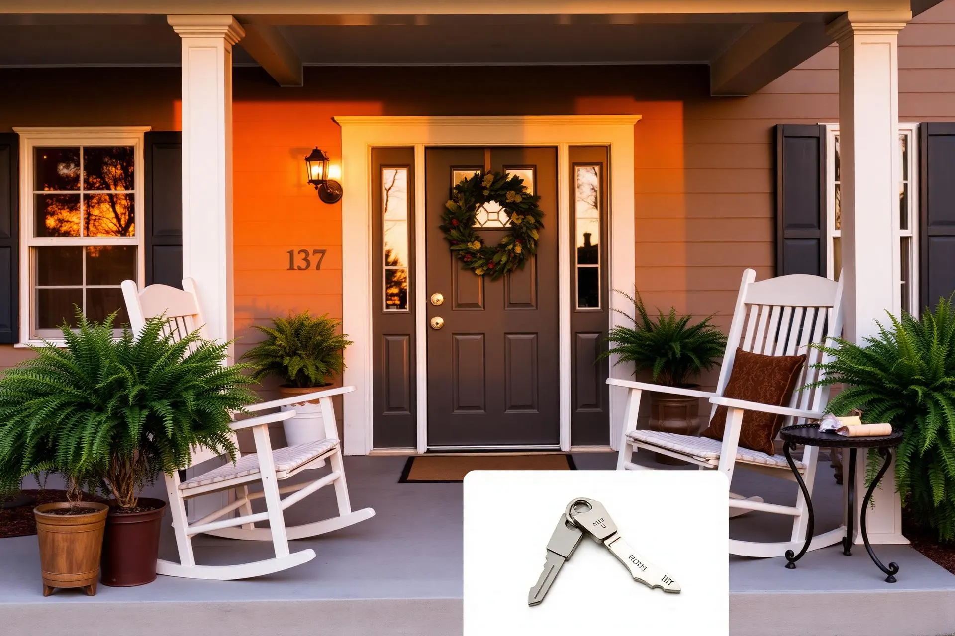 A welcoming front porch at golden hour with rocking chairs, ferns, and a wreath on the front door