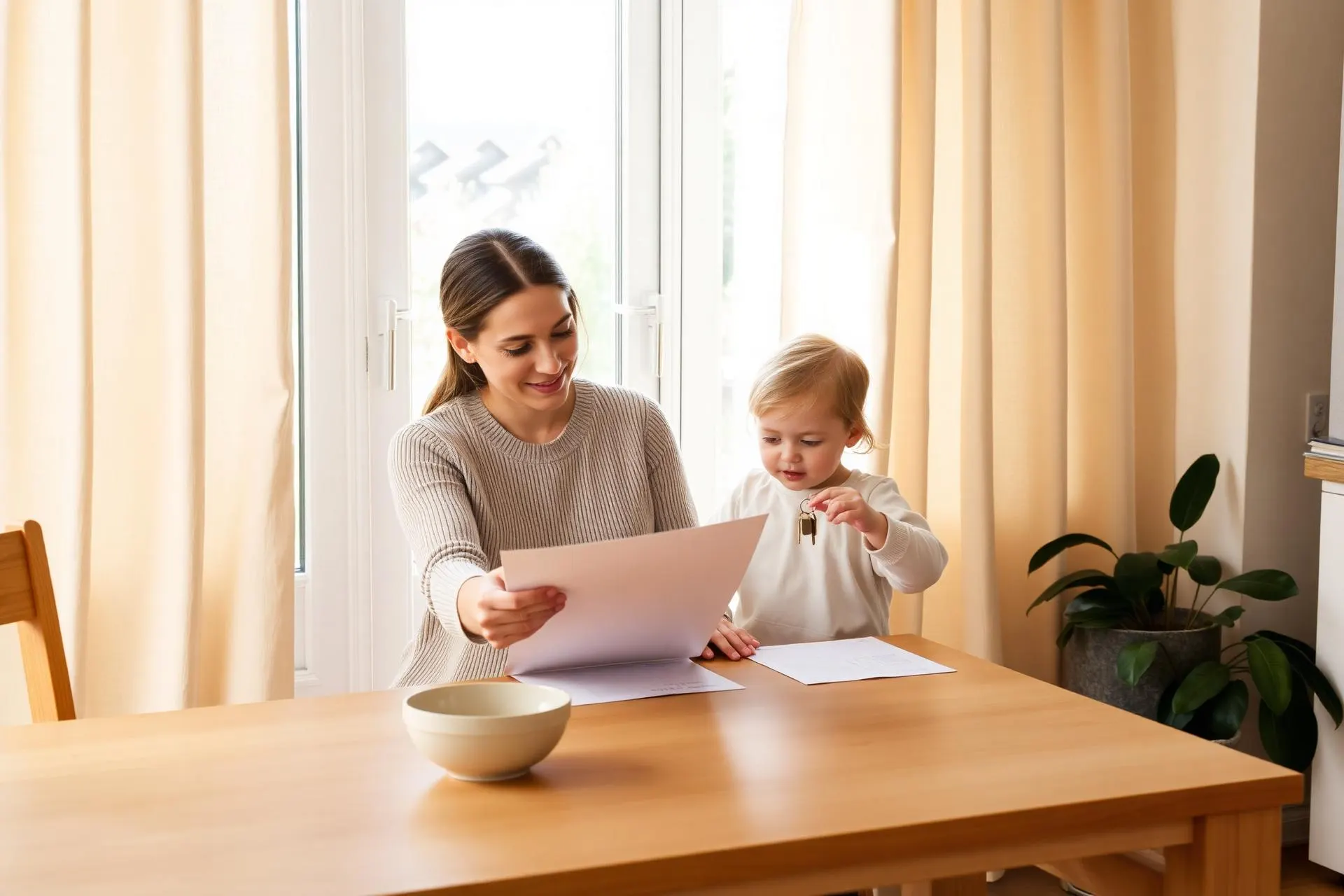 A young mother and child reviewing home paperwork at a sunlit kitchen table with a set of house keys