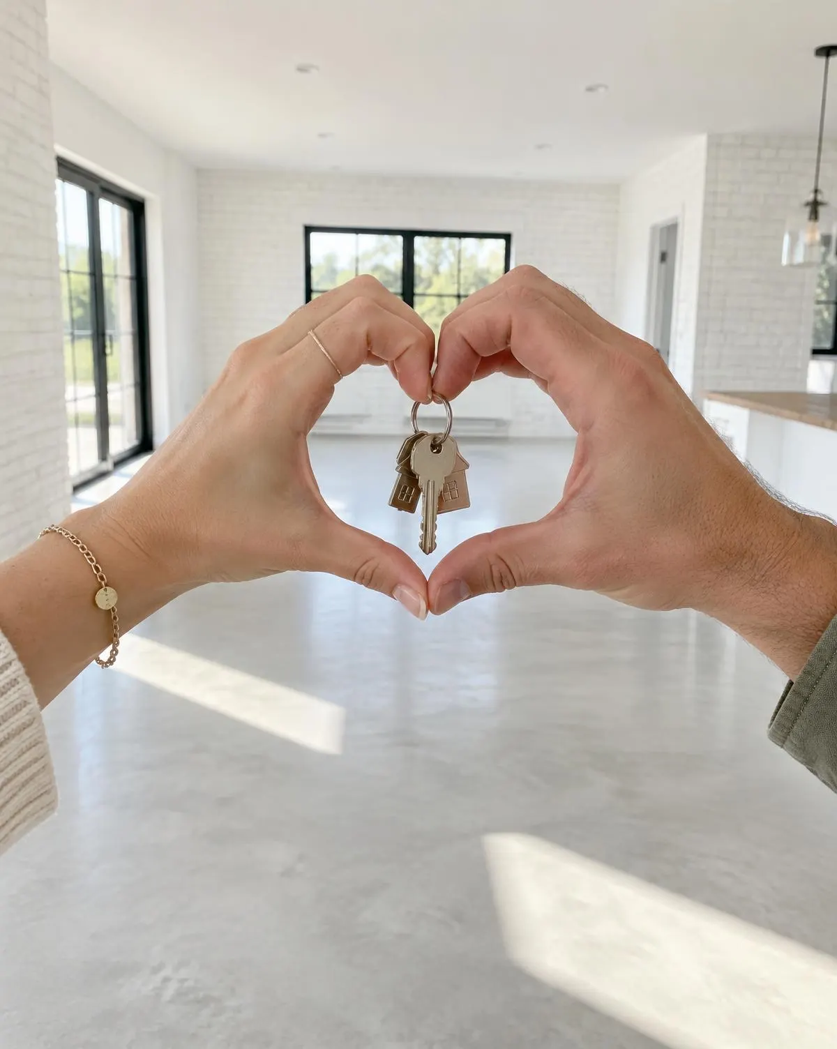 Two hands forming a heart around a set of house keys in a bright, empty new home