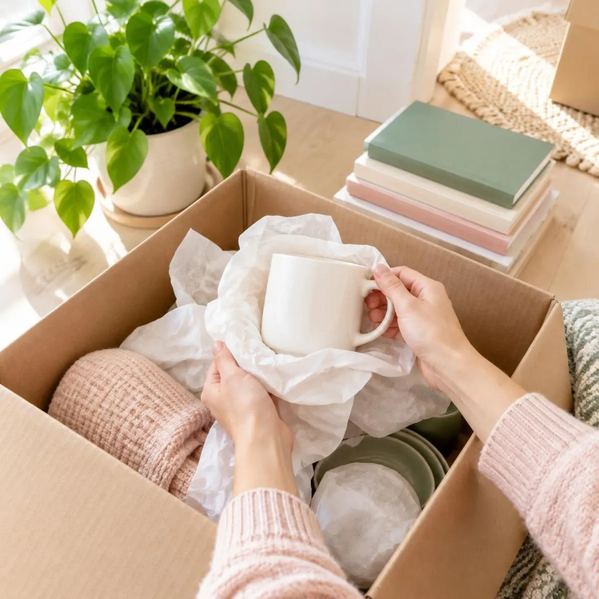 Hands unpacking a white mug from a moving box beside a plant and books