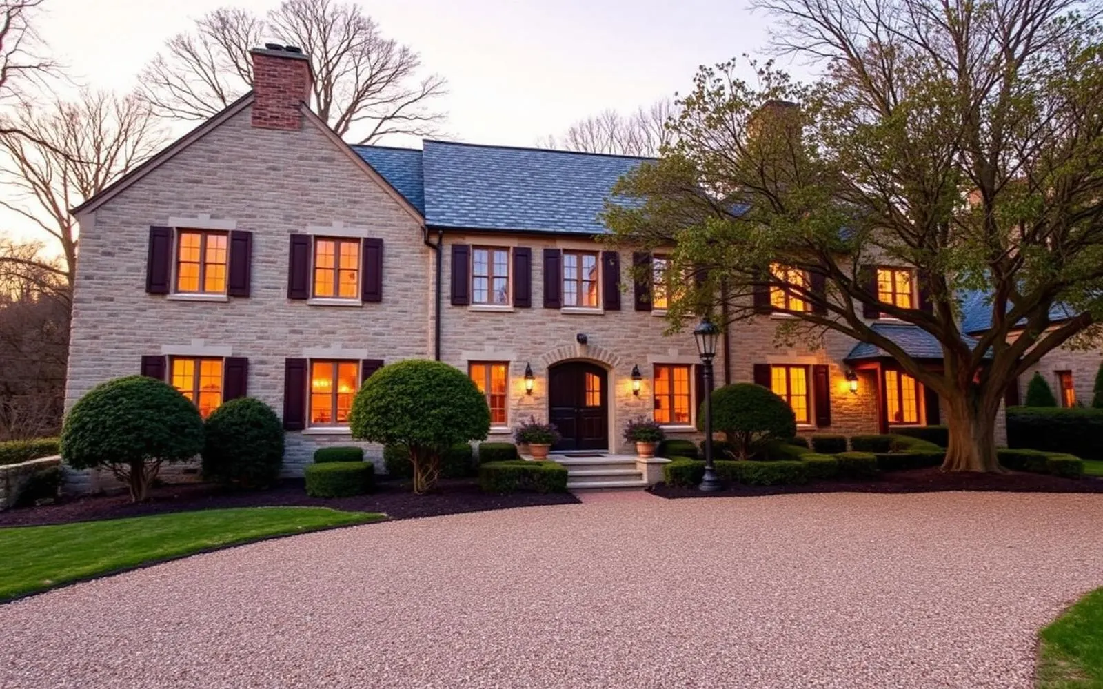A historic stone house in Bucks County with mixed grey and tan fieldstone, dark shutters, mature trees and a gravel drive in evening light
