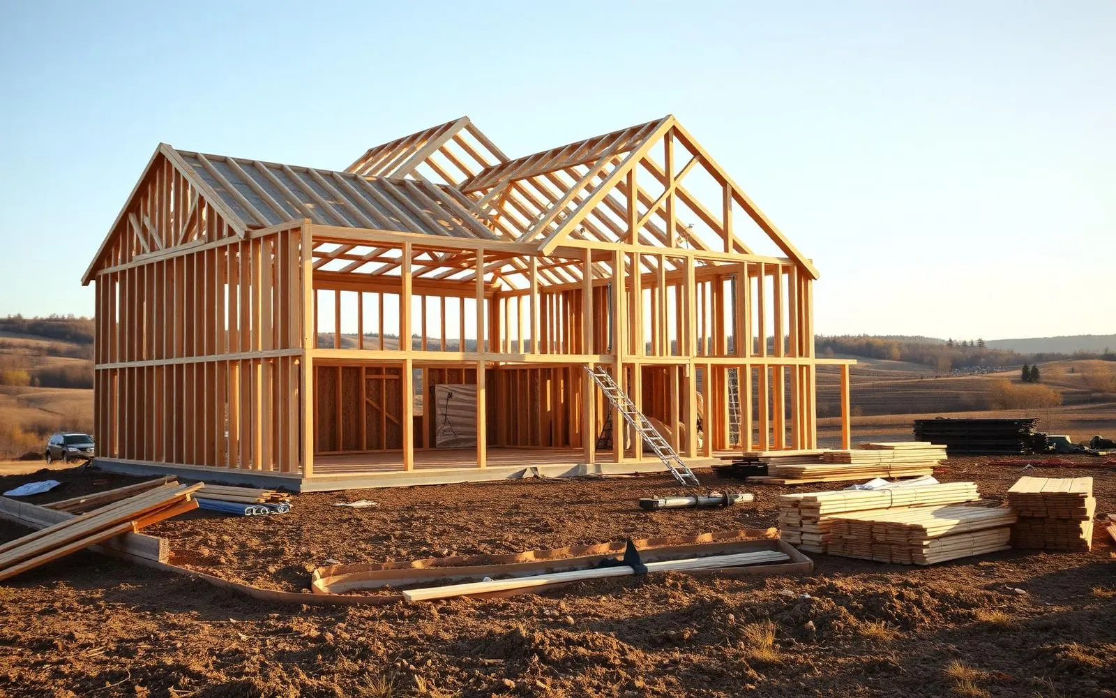 A new house under construction in rural Pennsylvania with framed walls and roof trusses, neatly stacked lumber and farmland behind