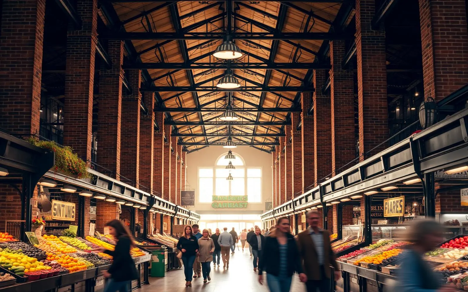 The interior of a historic indoor public market hall with brick walls, iron trusses, wooden stalls of produce and shoppers in motion