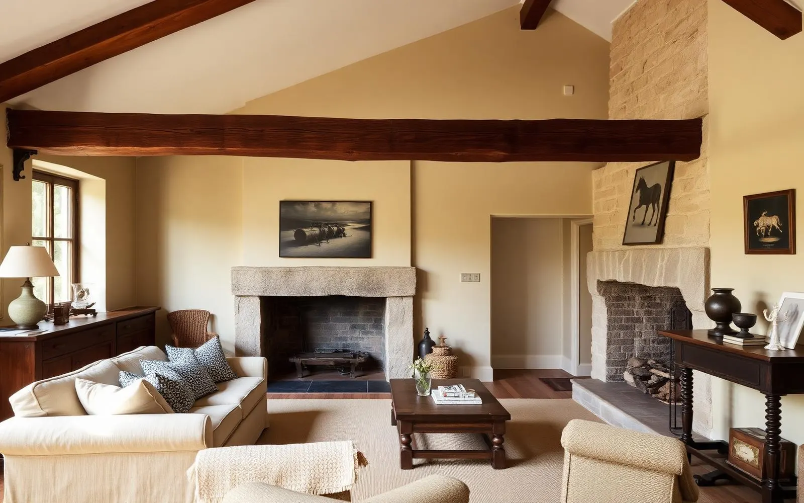 A warm living room with an aged oak beam, stone hearth, plaster walls, linen upholstery and a few collected antique objects