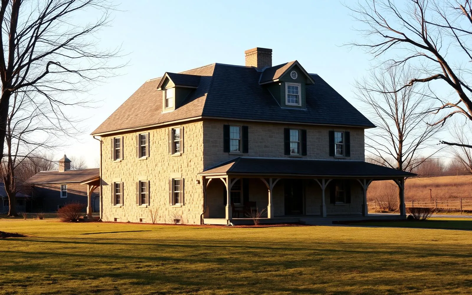 A two and a half story stone farmhouse with a steep gable roof and a later kitchen wing, standing at the edge of open Pennsylvania farmland in late day light