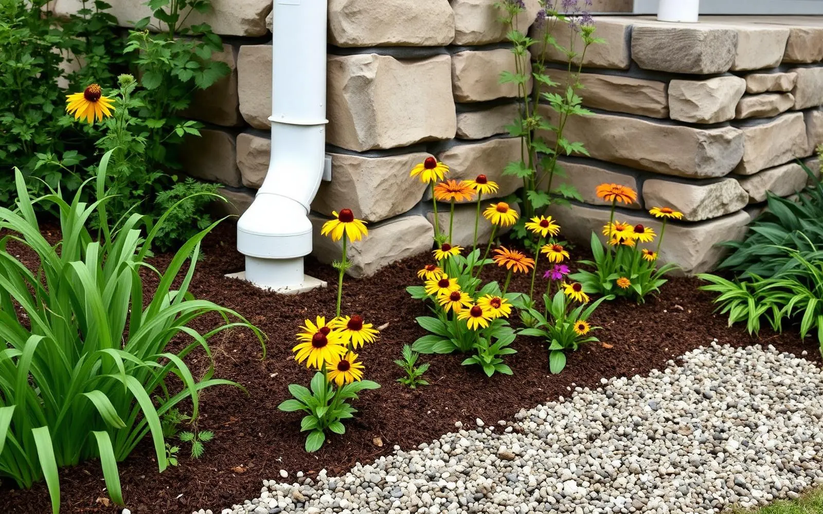 A gravel garden path edged with native perennials and grasses, with a rain soaked bed and mature trees behind