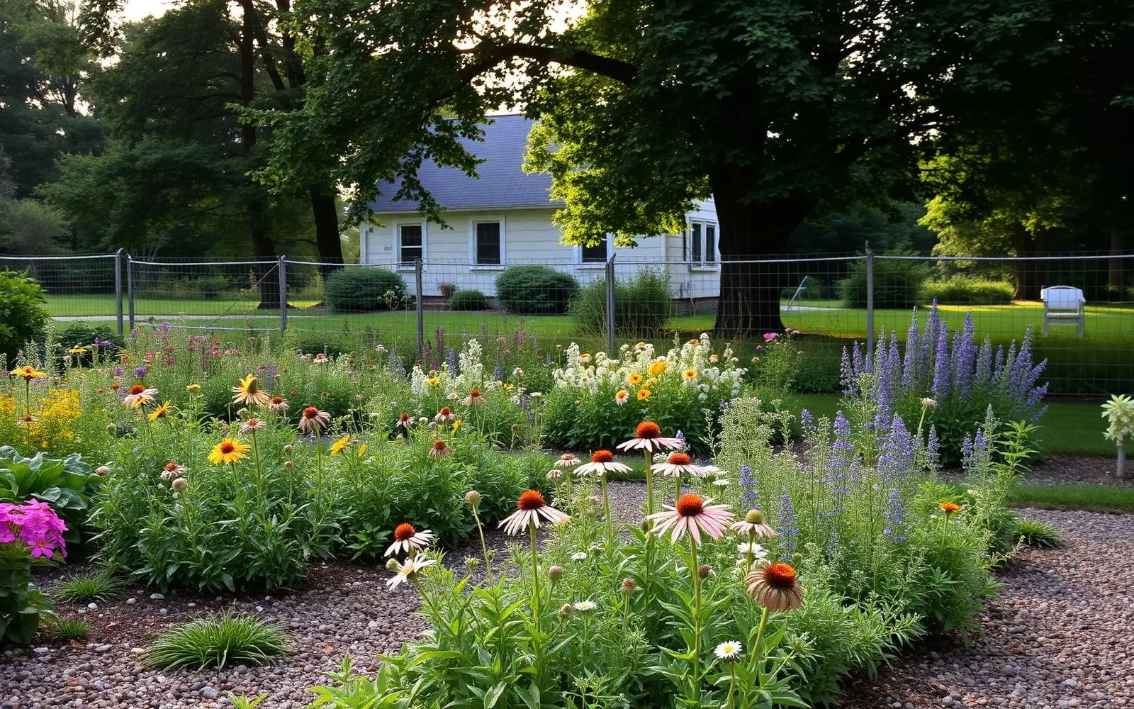 A mid Atlantic garden of native perennials with a gravel path, mature shade trees at the edge and a simple wire deer fence