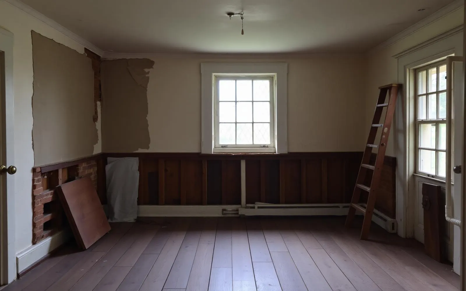 An early nineteenth century room mid restoration with a plaster patch, original wide plank floor, old window and a wooden ladder