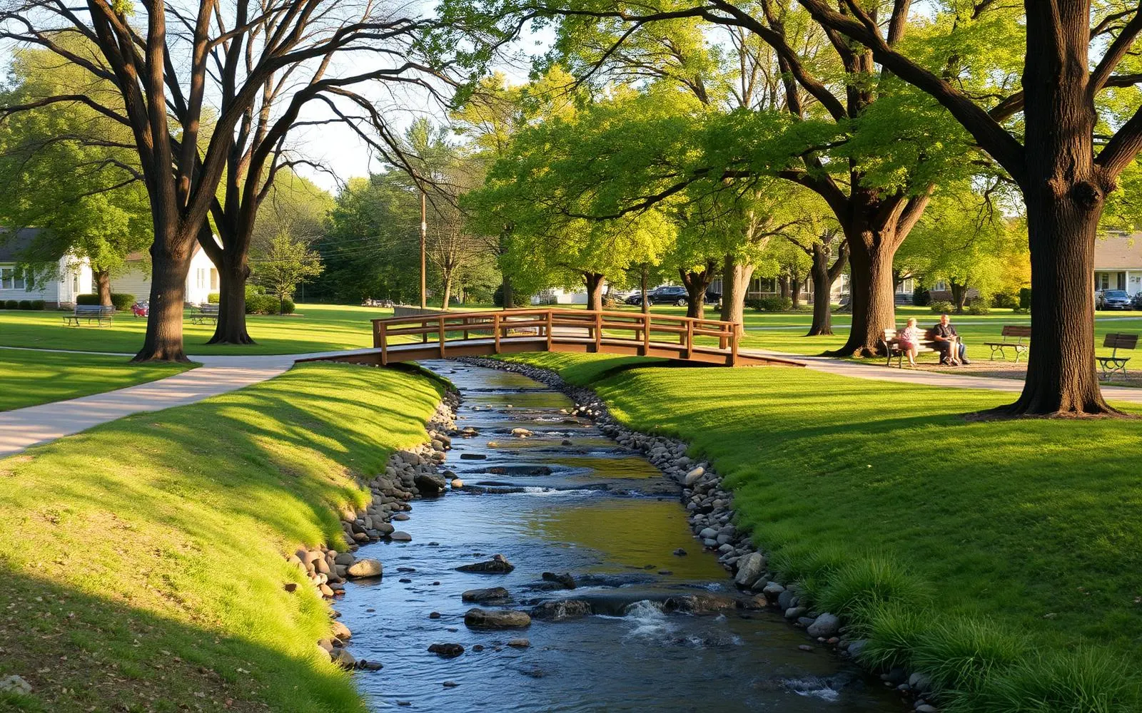 A brick sidewalk along a Lititz street with mature trees, front stoops and a view toward the town park in evening light