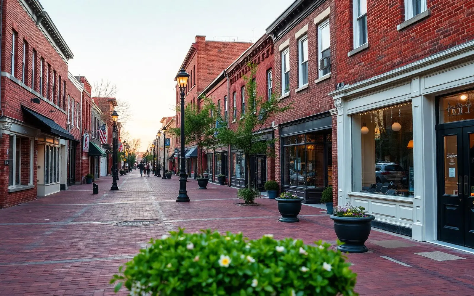 A historic small town Pennsylvania main street with brick sidewalks, nineteenth century storefronts and street lamps at dusk