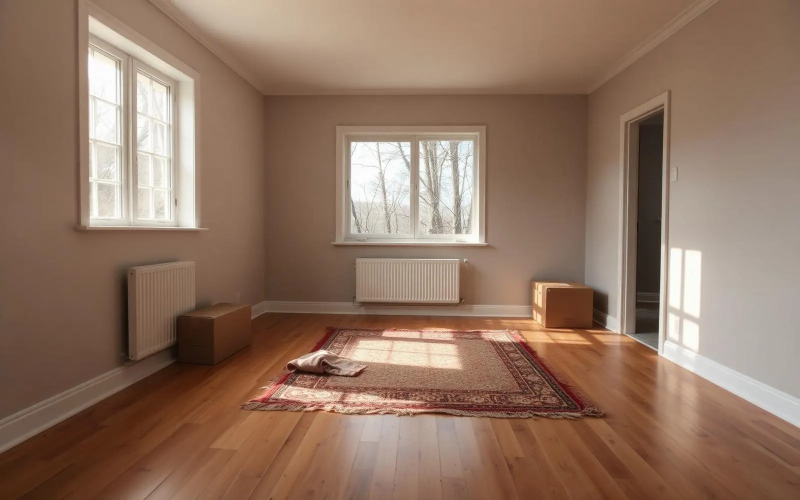 A kitchen in a newly occupied Pennsylvania house with a few unpacked boxes, a coffee cup and morning light on the counter