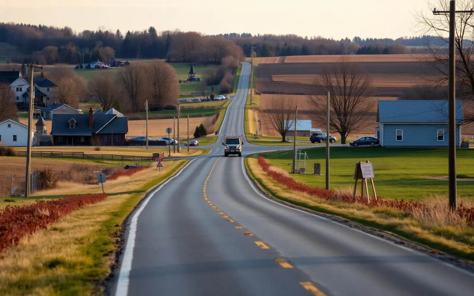 A two lane road leaving a Pennsylvania town toward farmland, with older houses, open fields and a small moving truck in the distance