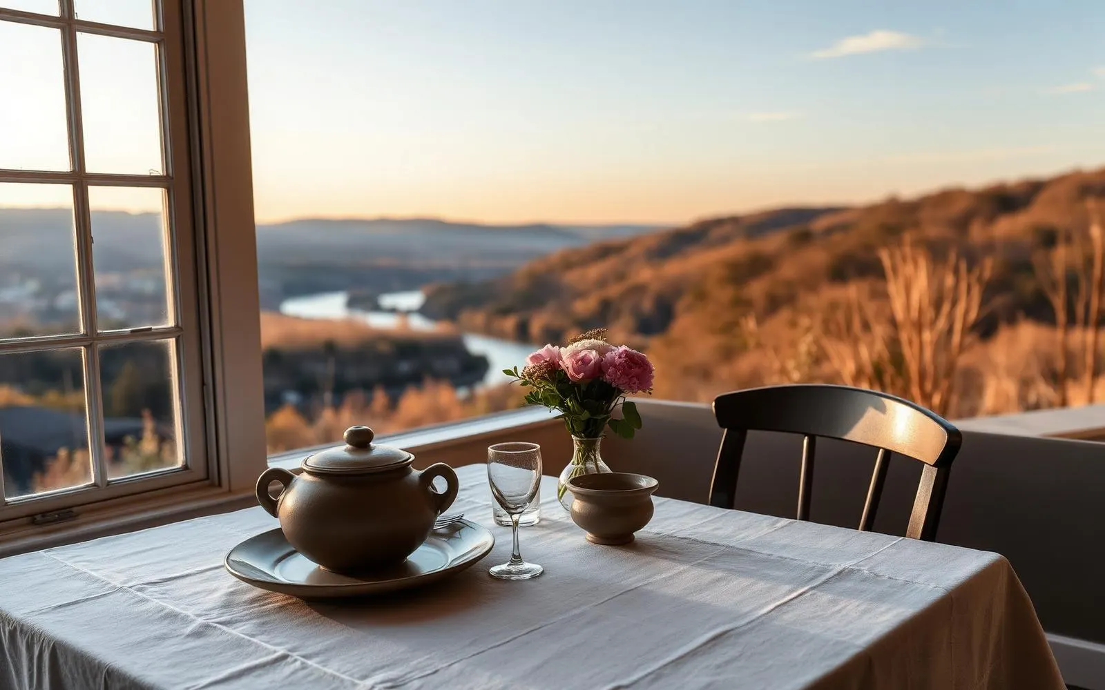 A simply set table with linen, stoneware and garden flowers beside a window overlooking a Pennsylvania river valley at dusk