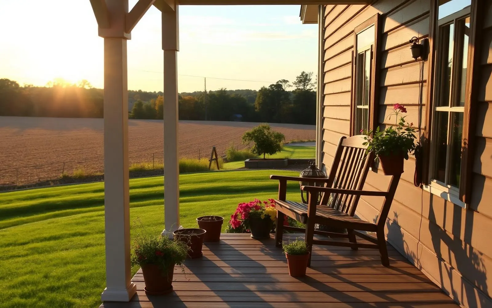 A Pennsylvania farmhouse porch in early September with low golden light, potted herbs, a worn wooden chair and fields behind