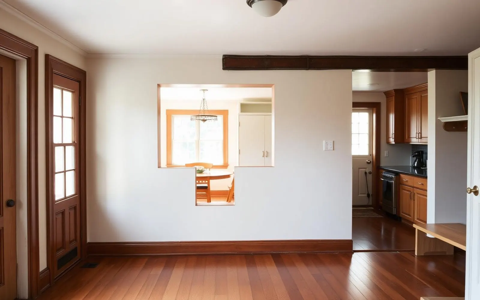 An older house interior with original trim and wood floors, a wall opened between kitchen and dining room with a steel beam left visible