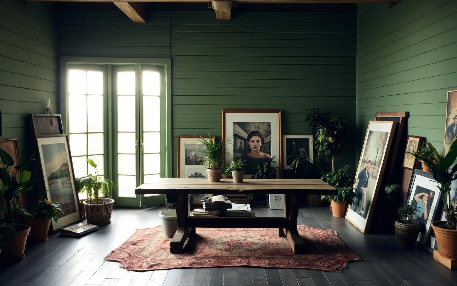 An interior with whitewashed stone walls, a plain wooden work table, leaning canvases and a large north facing window