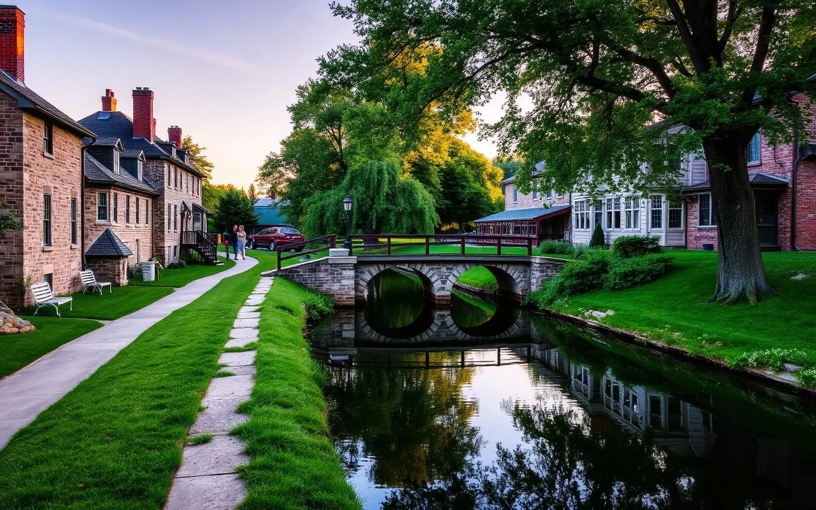 A canal towpath in eastern Pennsylvania with a still narrow canal, stone buildings along the bank, a footbridge and mature trees at dusk