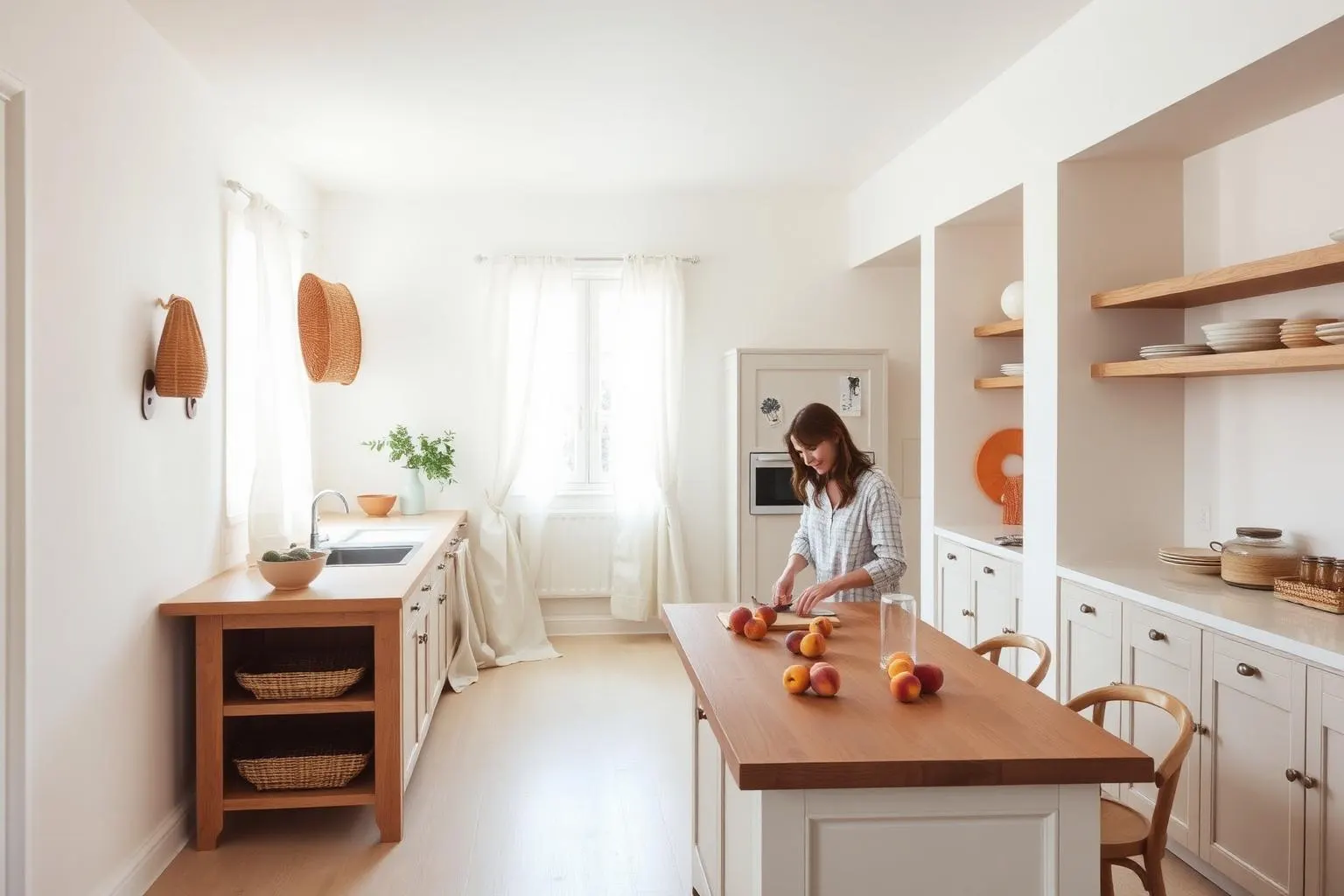 A bright kitchen with pale walls, open shelves and a woman slicing fruit at a wood island