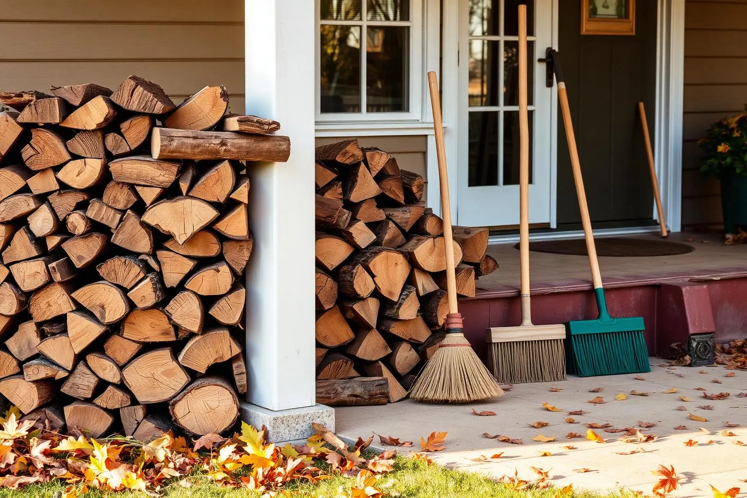 Gutters, a ladder and fallen leaves outside a house on a clear October morning