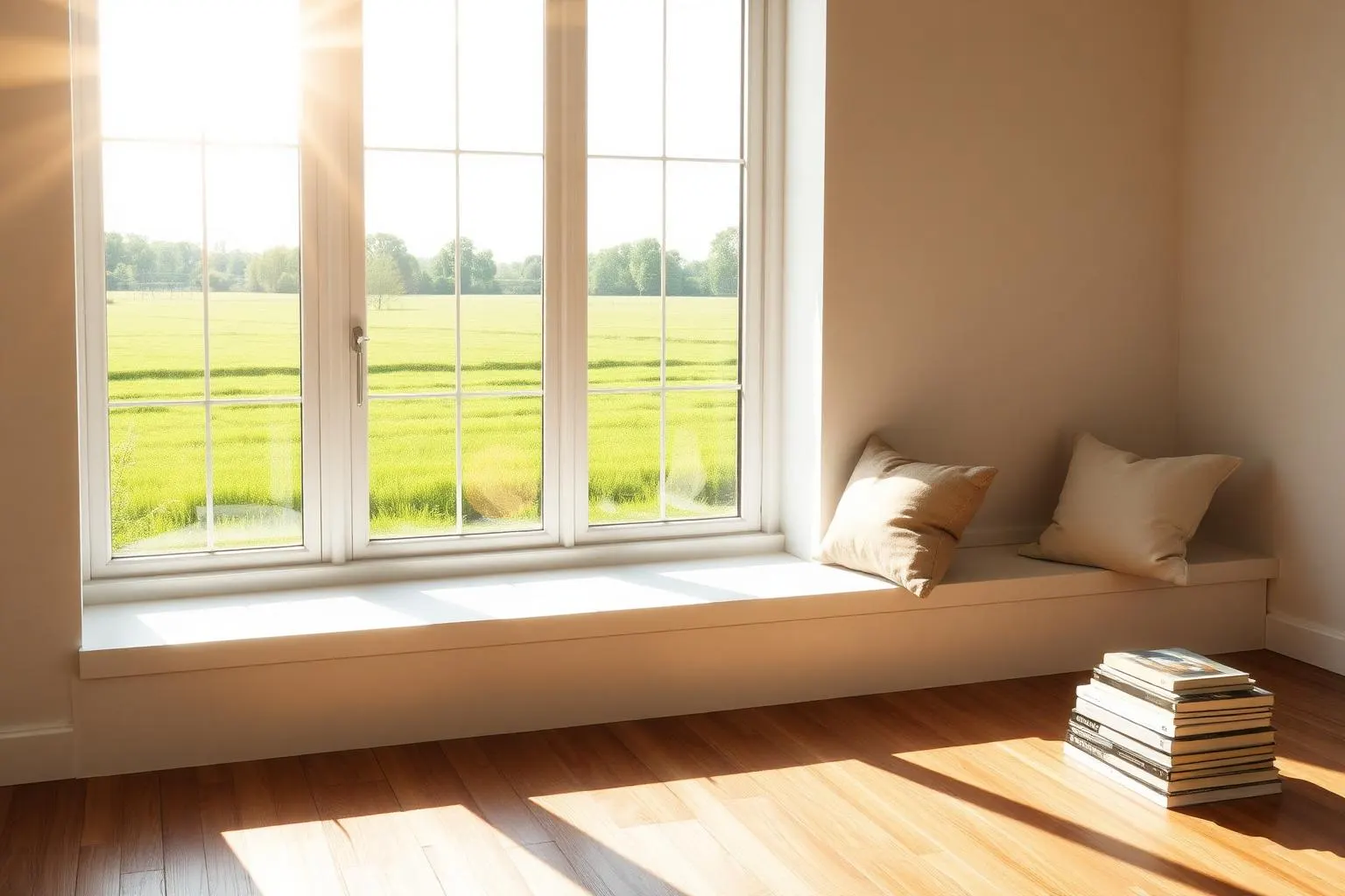 A deep window seat in a new home with sunlight across a wood floor and fields beyond