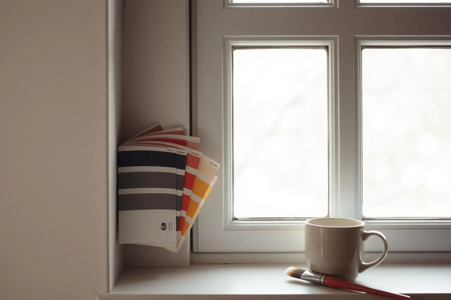 Paint sample cards on a windowsill in cool daylight beside a mug and brush