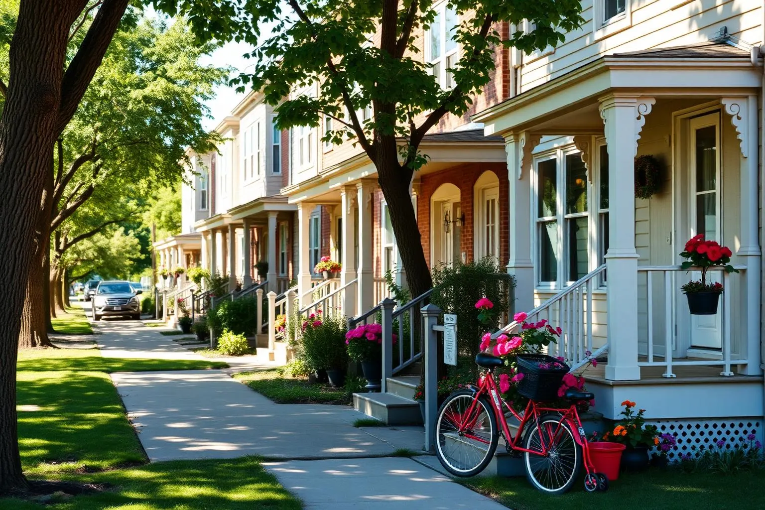 A block of early twentieth century porch fronted homes with flower pots and a bicycle