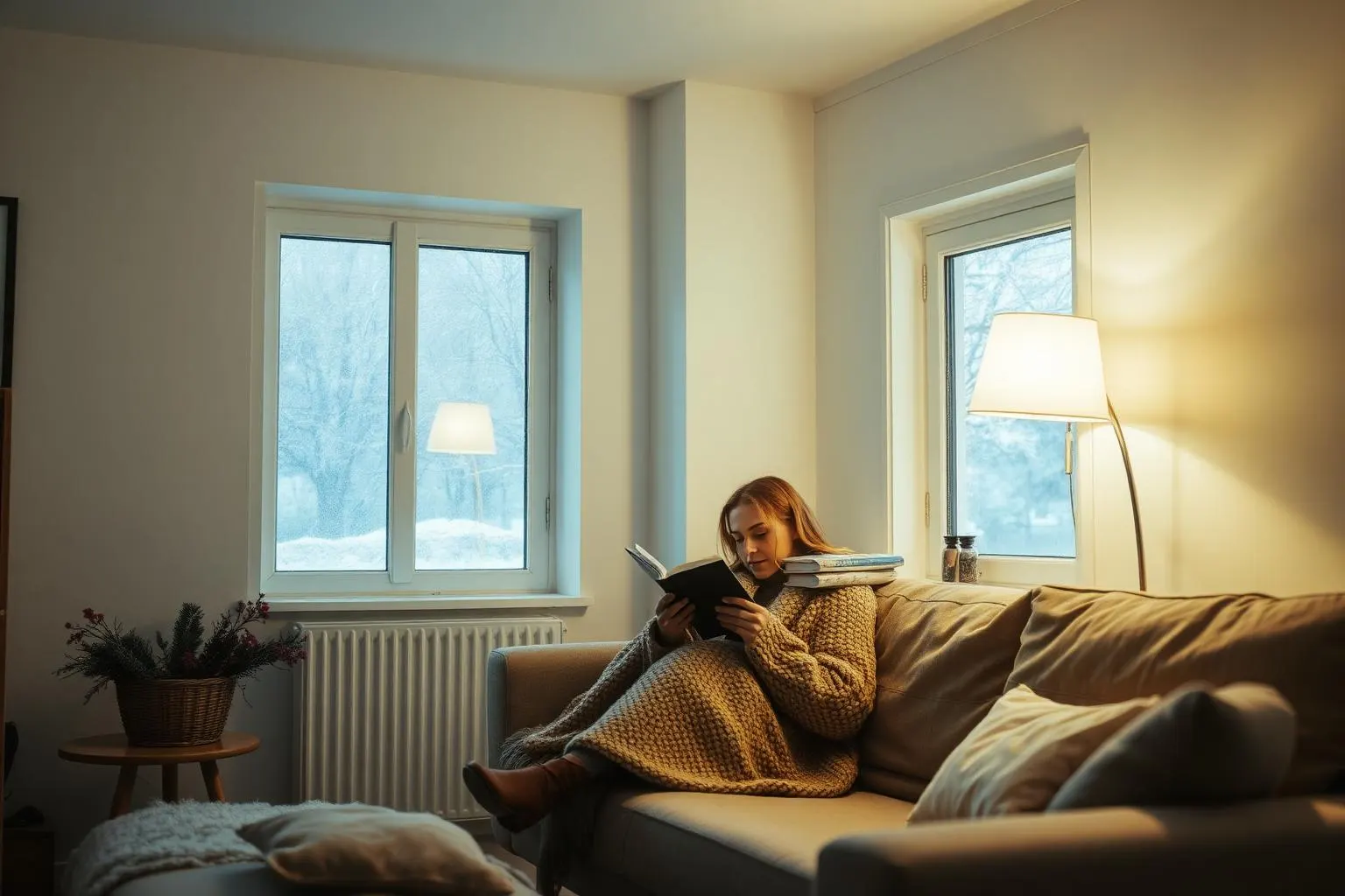 A lamplit sitting room in winter with a blanket, books and snow visible through the window