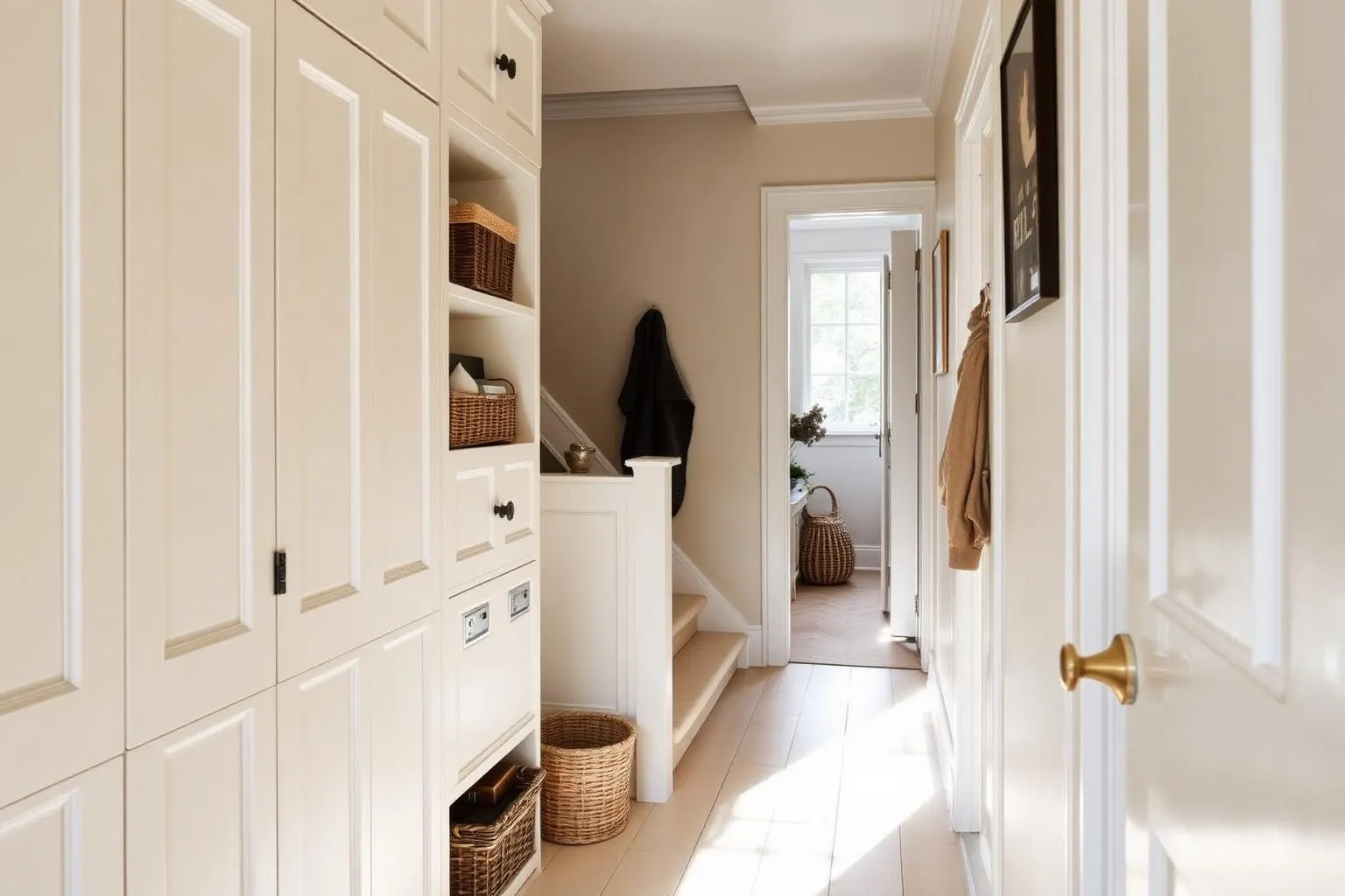 Painted built in cabinetry along a narrow hallway with baskets and a stair beyond