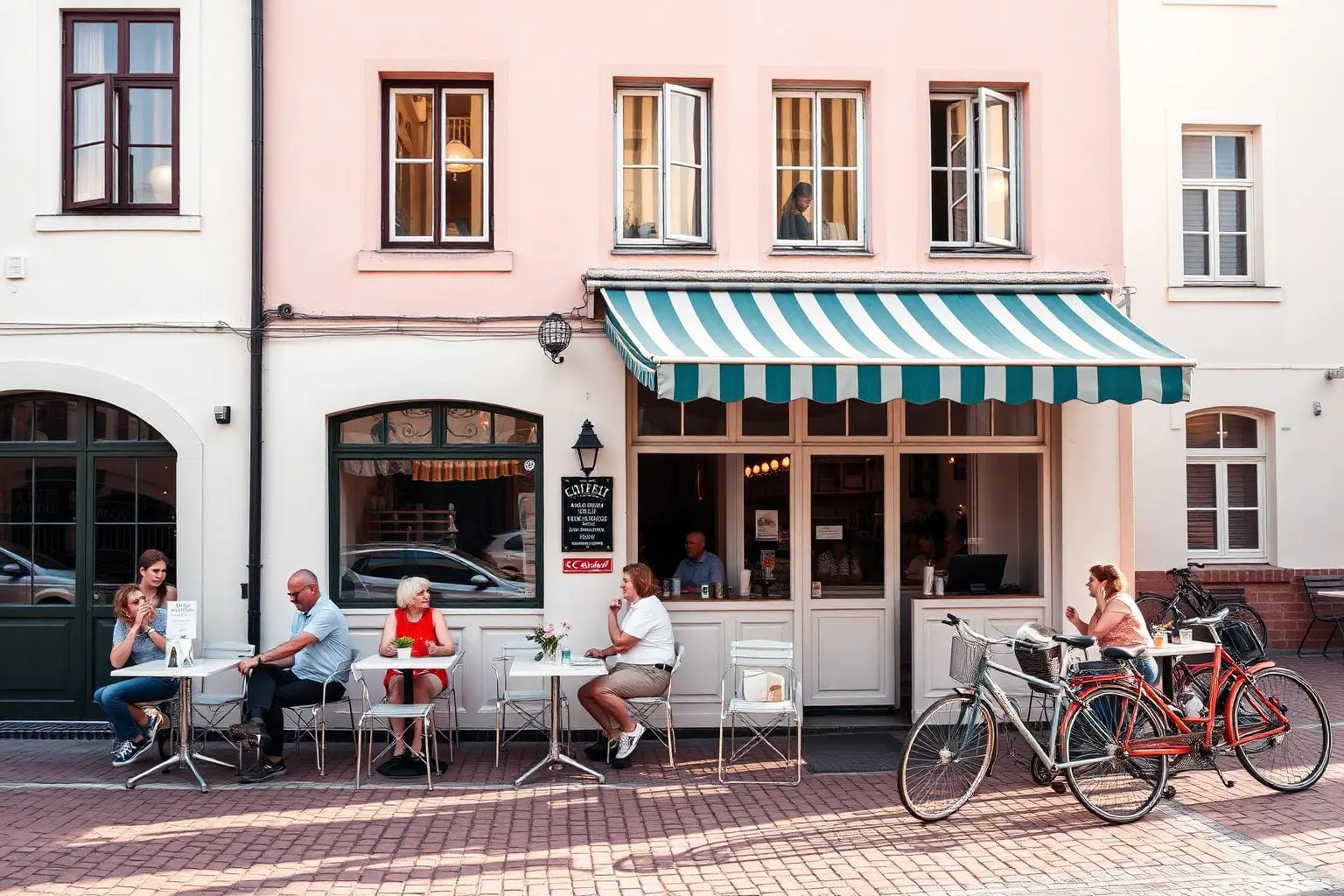 A small town square with cafe tables under a striped awning and parked bicycles