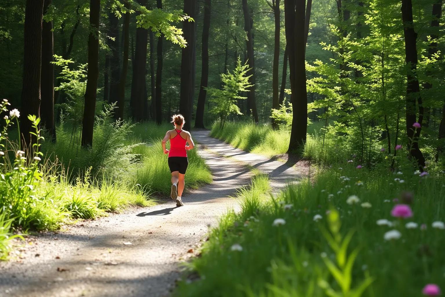 A gravel woodland path at the edge of a neighborhood with wildflowers and a runner