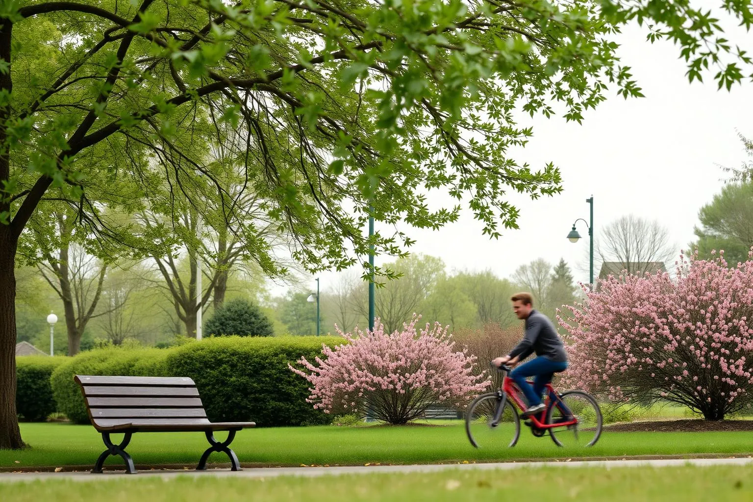 A quiet town park with a bench and flowering shrubs under bright overcast light