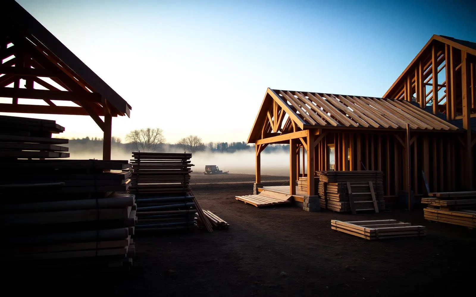 Timber framing of a new custom home at dawn with mist over a Pennsylvania field