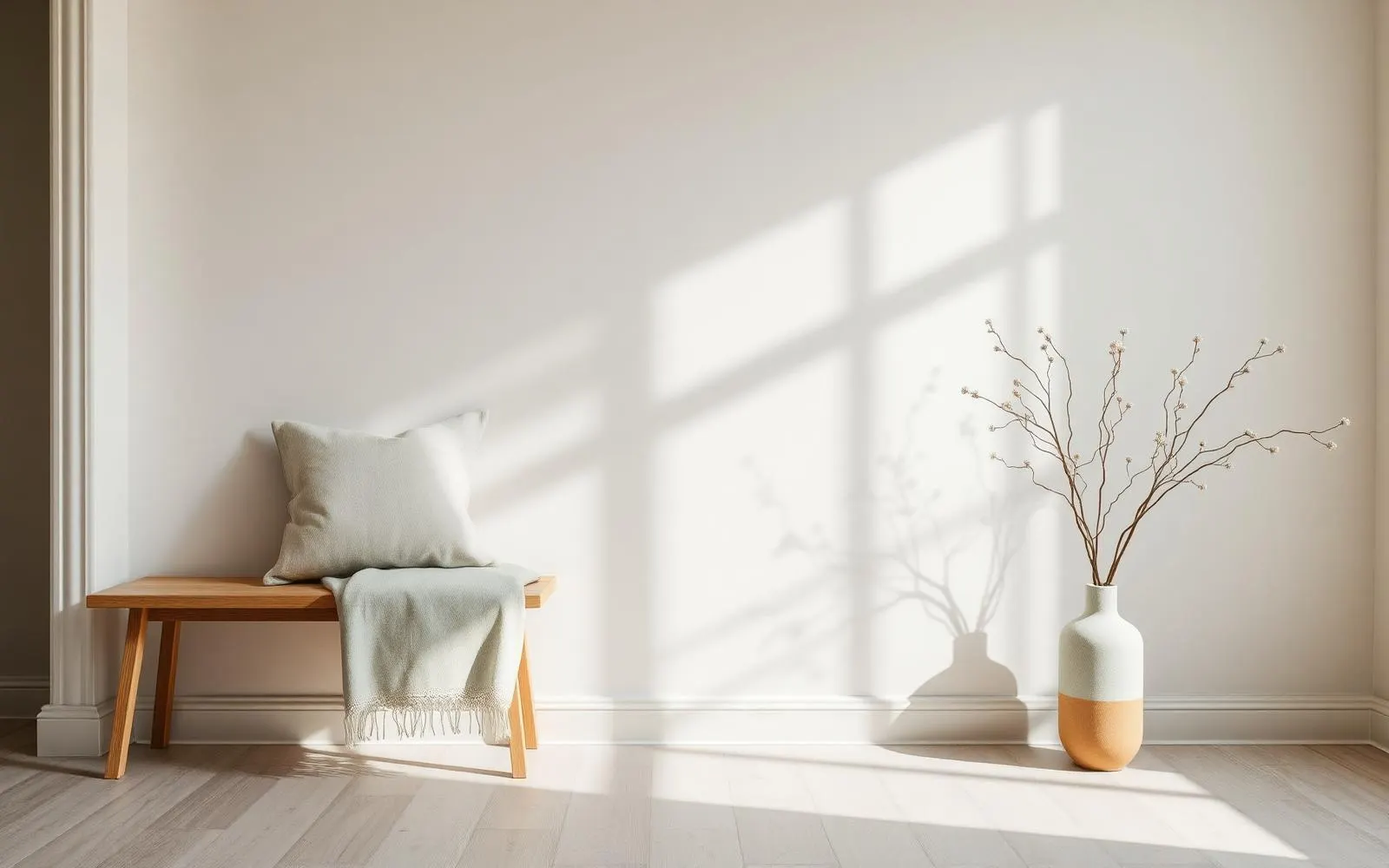 Oak bench and ceramic vase against a limewashed plaster wall in morning light