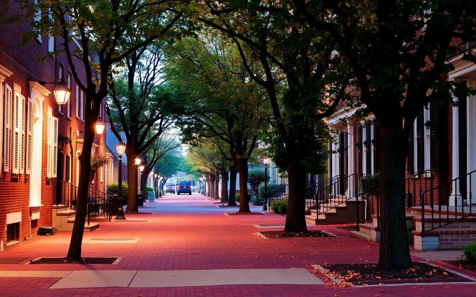 Tree lined brick sidewalk and historic rowhomes in a Pennsylvania town at dusk