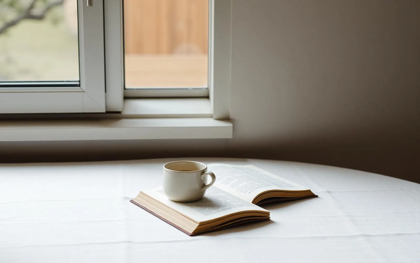 A cup of coffee and an open book on a linen covered table beside a window