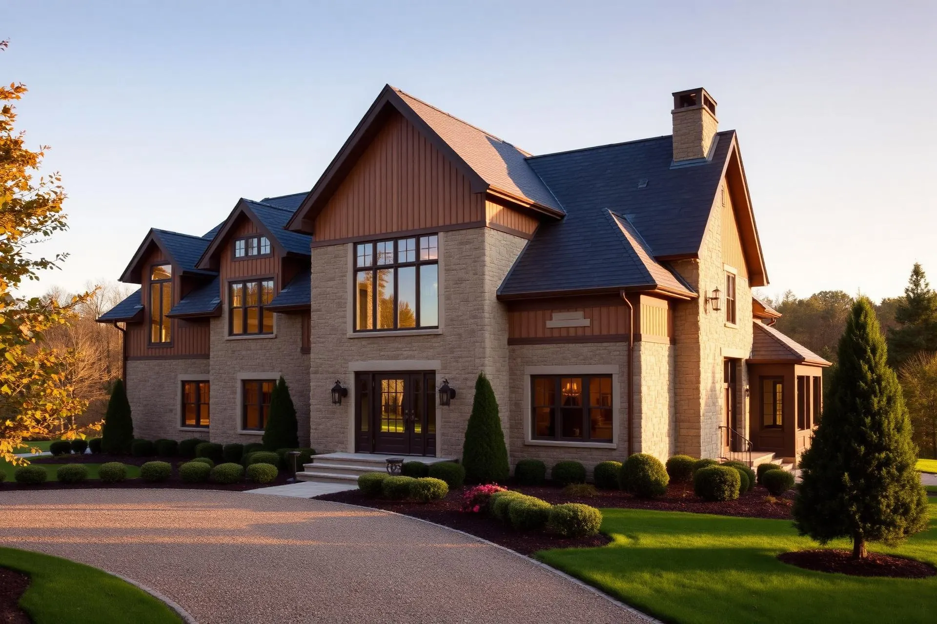 An understated custom stone and cedar country home at golden hour