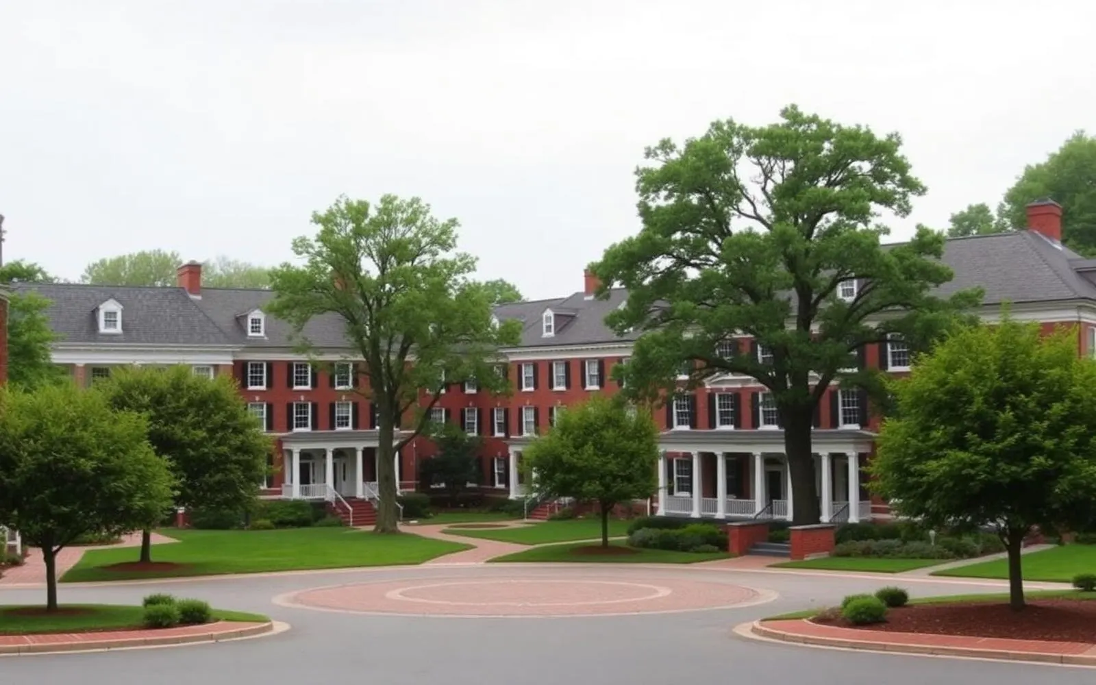 Federal-style brick buildings and mature trees near the historic center of Carlisle