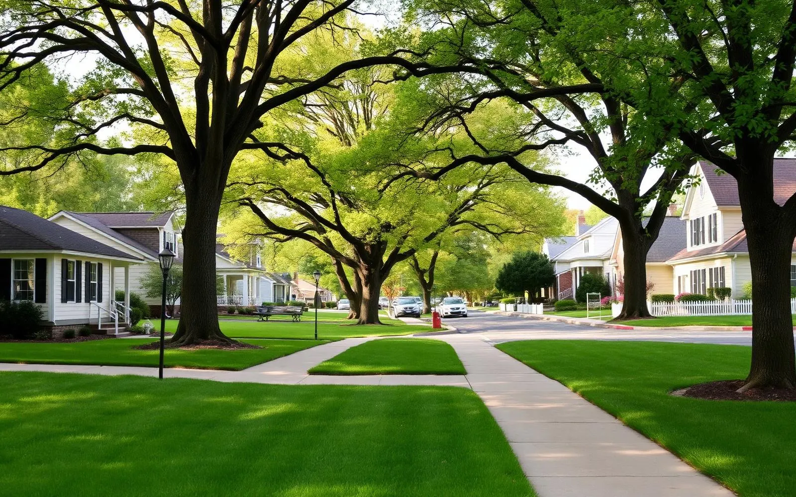 A tree-lined residential street with wide sidewalks in Hershey